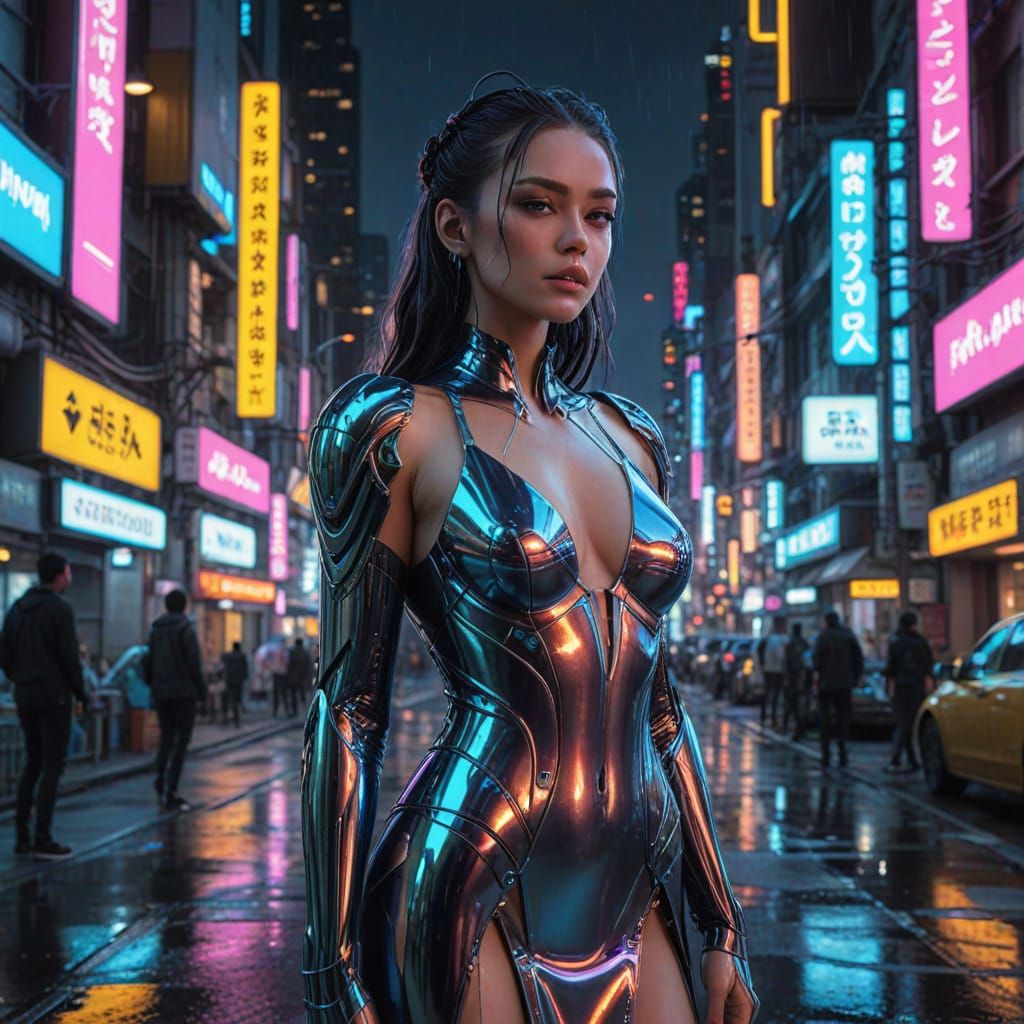 Cyberpunk Goddess in Radiant, Iridescent Gown Amidst Dazzlin...