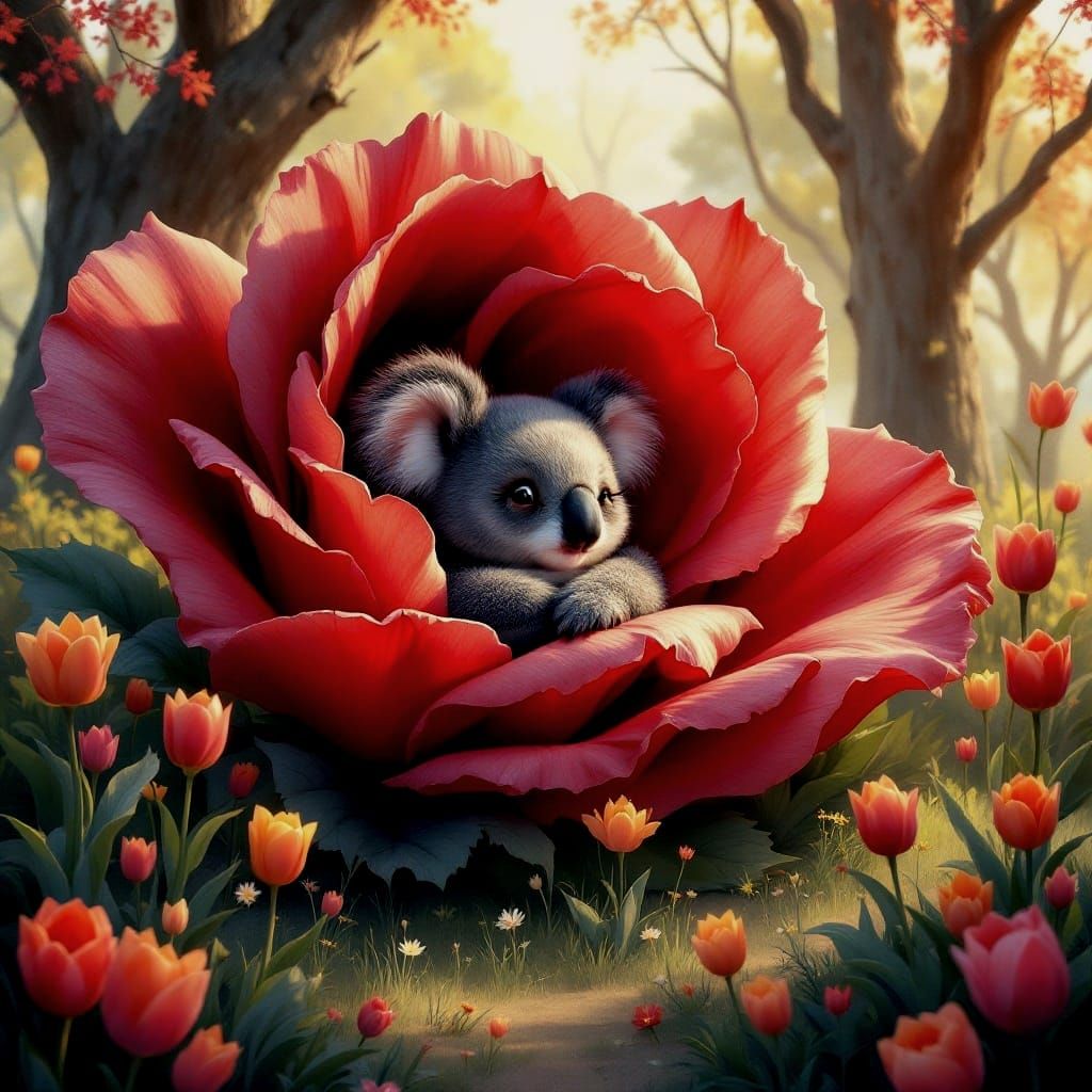 Enchanting Sunset Landscape with Koala in Vibrant Floral Blo...