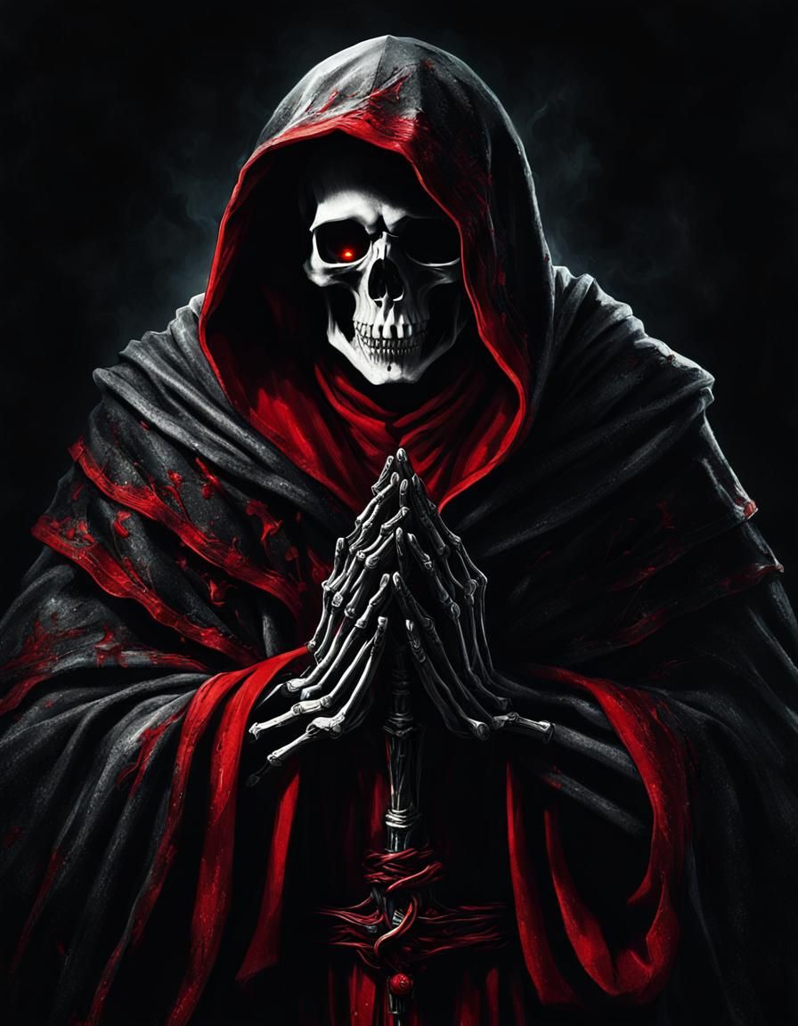 Epic Red-Eyed Skeleton in Prayer, Pencil Art