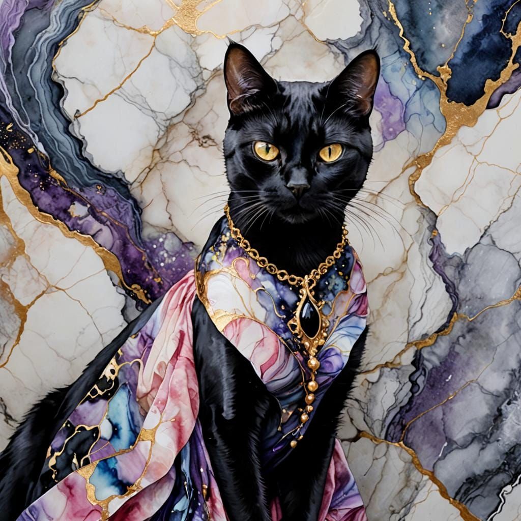 Alcohol Ink Cat Portrait with Marble Accents