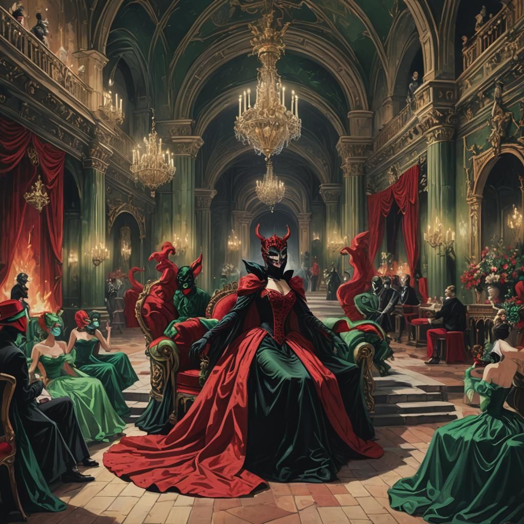 Opulent Masked Ball with Demon in Castle Interior