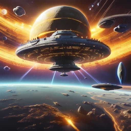 Colossal Sci-Fi Spacecraft with Starships Near Space Station