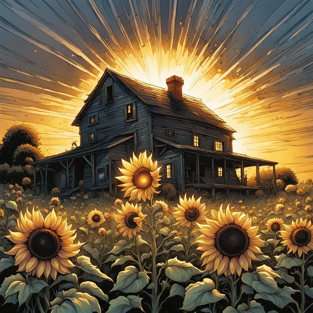 Radiant Sunflower Illuminates Farmhouse in Comic Book Style