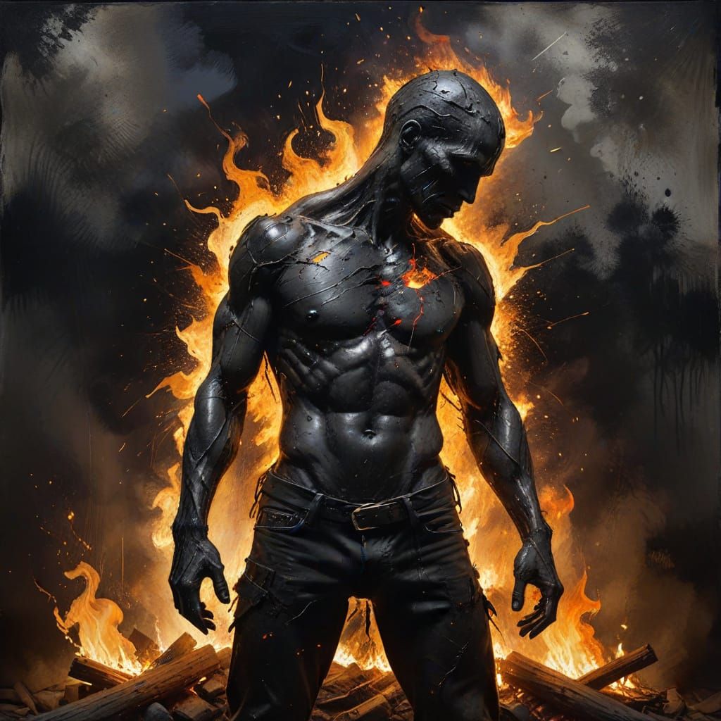 Figure Rekindles Flames in Dramatic Grayscale Painting