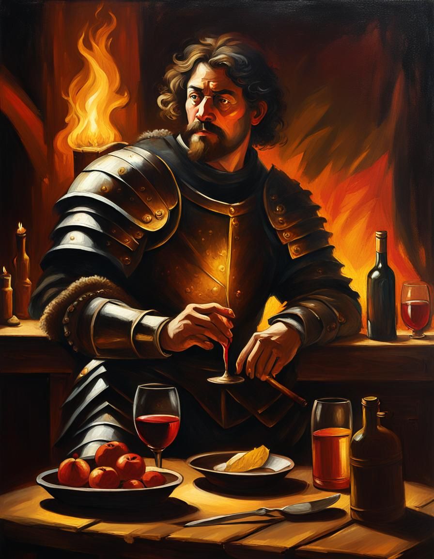 Warrior in Tavern: Chiaroscuro Oil Painting