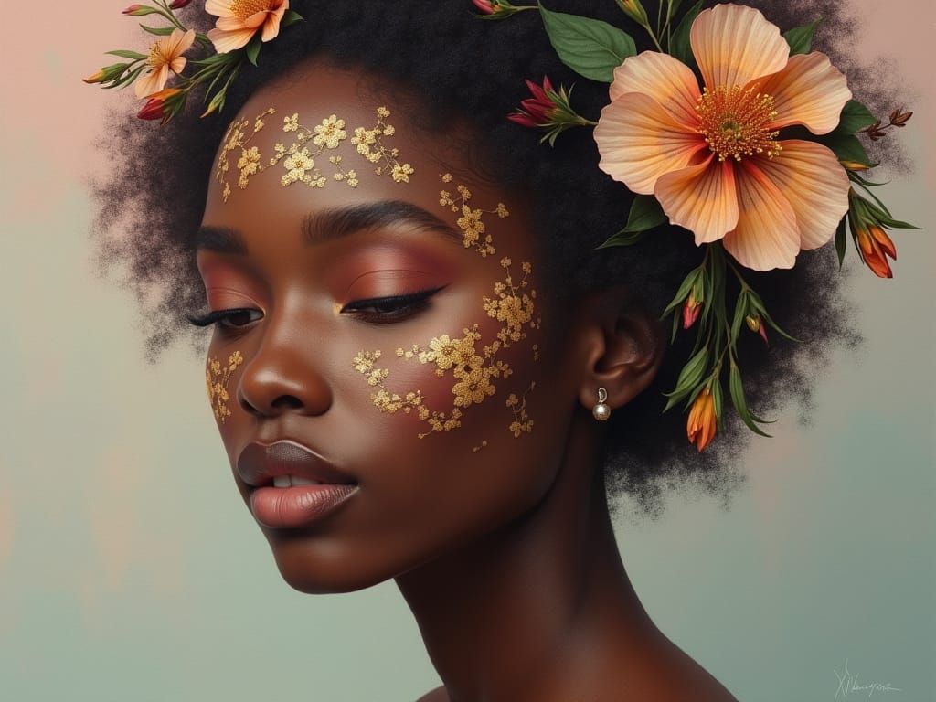Ethereal Portrait of a Black Woman with Floral Patterns in H...