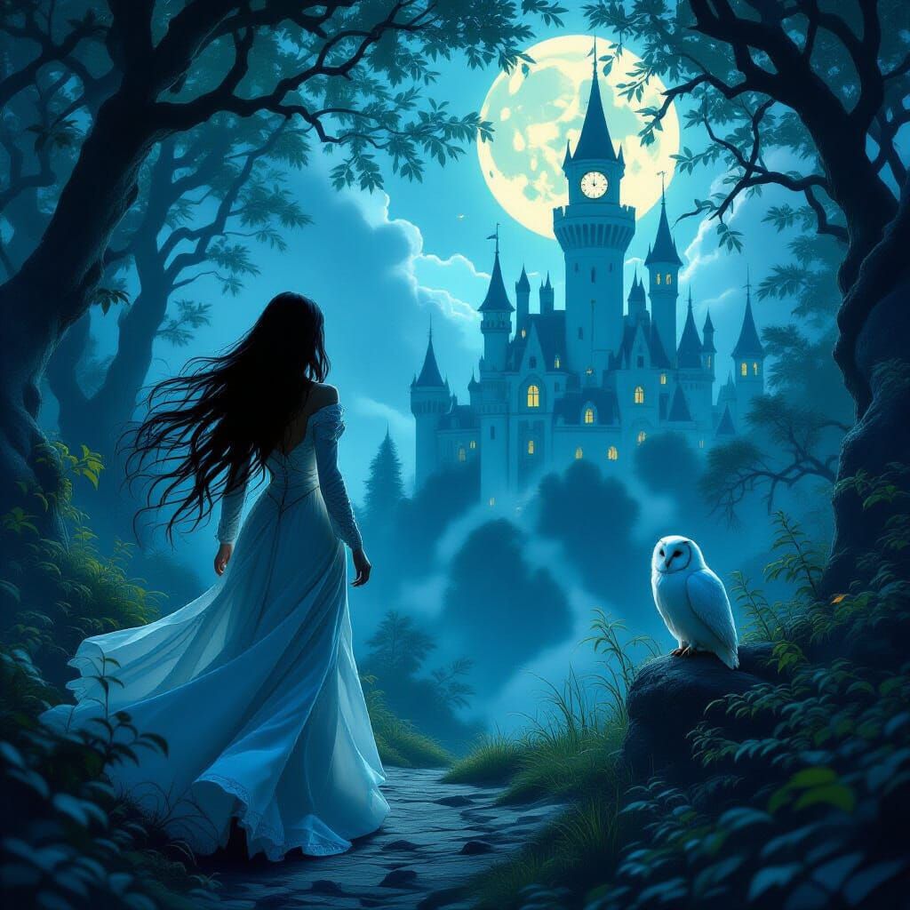 Enchanted Forest Scene With Woman, Owl, And Castle