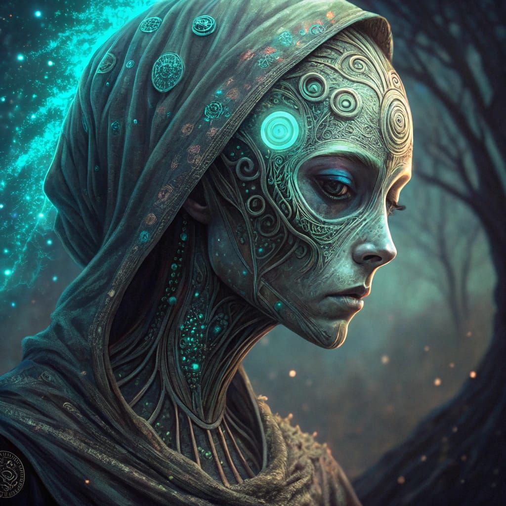 Ethereal Alien Dreamscape in Ink and Binary Cipher