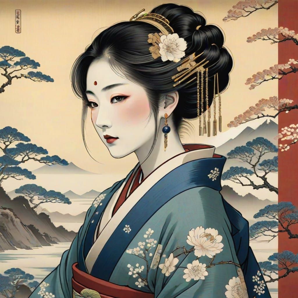 Japanese Empress in Temple Attire with Gold Accents