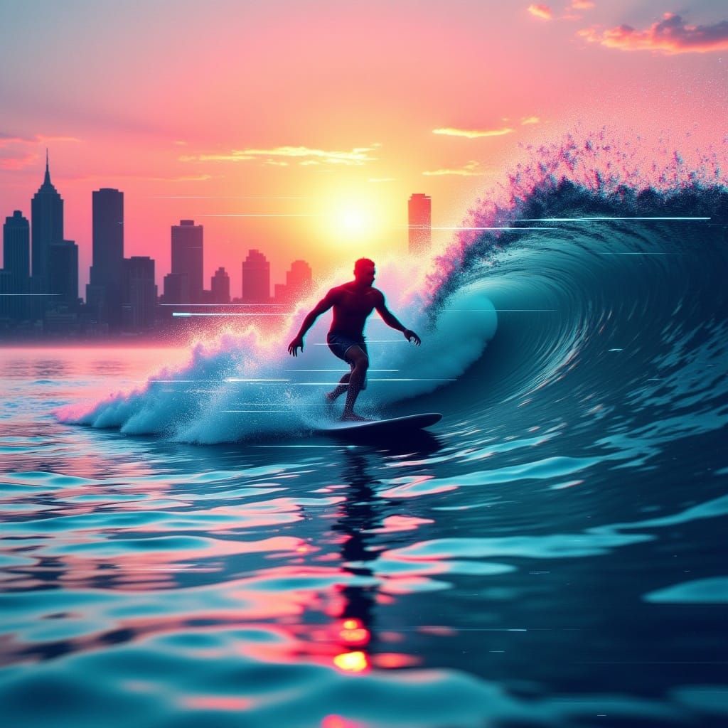 Surfer Rides Sunset Wave with Glitch Effect