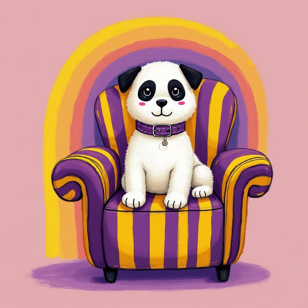 Whimsical Purple and Yellow Dog in a Vibrant Striped Chair