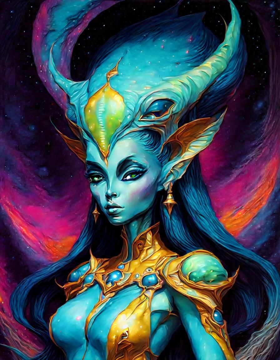 Alien Princess with Volumetric Lighting in Gouache