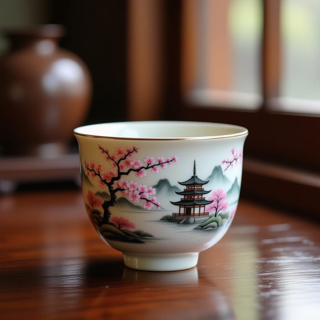 Japanese Sake Cup with Sakura and Temples on Wood Table