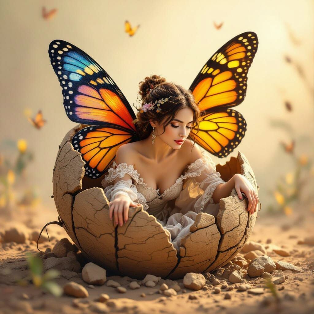 Woman Emerging from Cocoon with Butterfly Wings