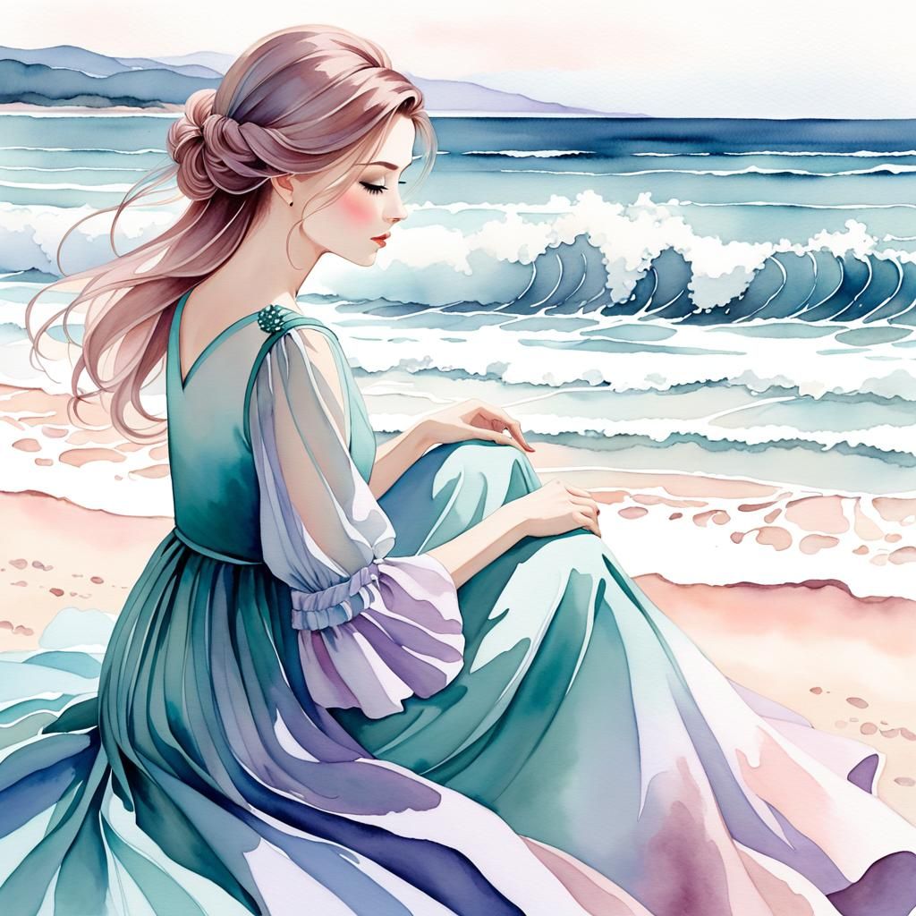Dreamlike Watercolor of Woman at Misty Beach