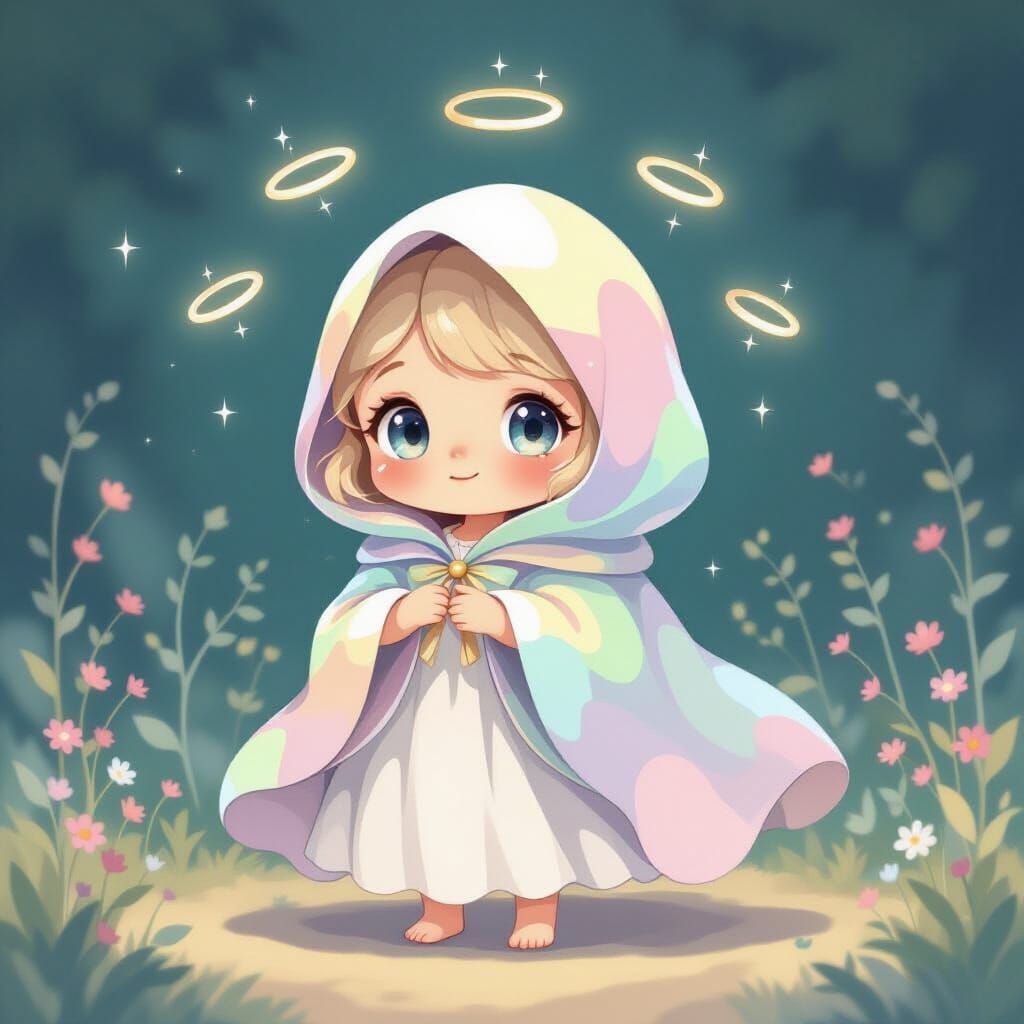 Pastel Watercolor Teardrop Being with Jingling Halos