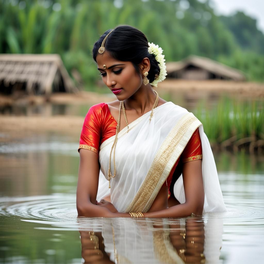 Village Girl in Silk Saree Bathing in River