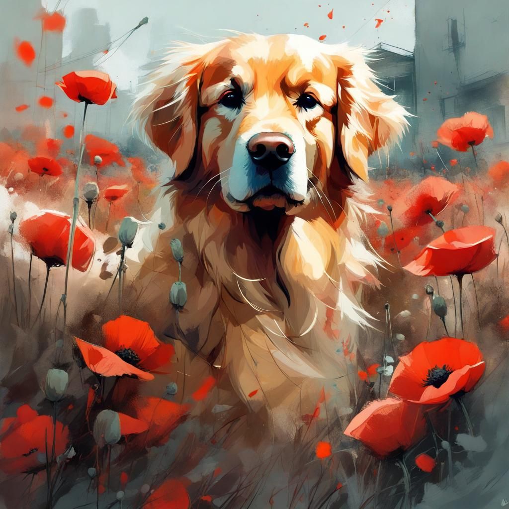 Golden Retriever in the Poppies