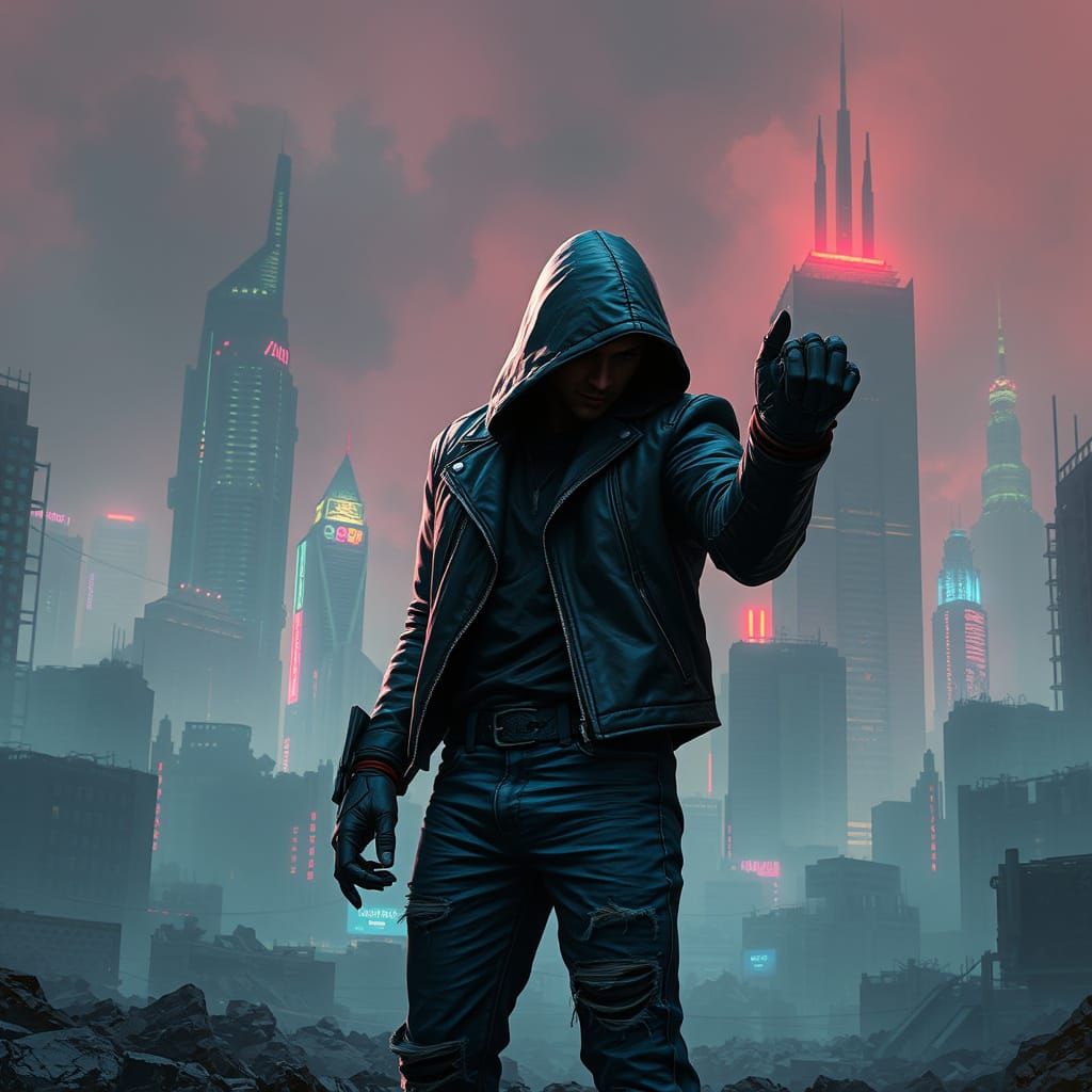 Cyberpunk Cityscape with Figure in Cybernetic Style