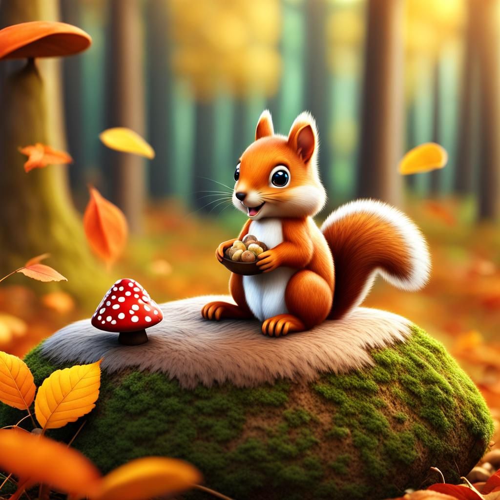 Cute Squirrel on Mushroom in Autumn Forest