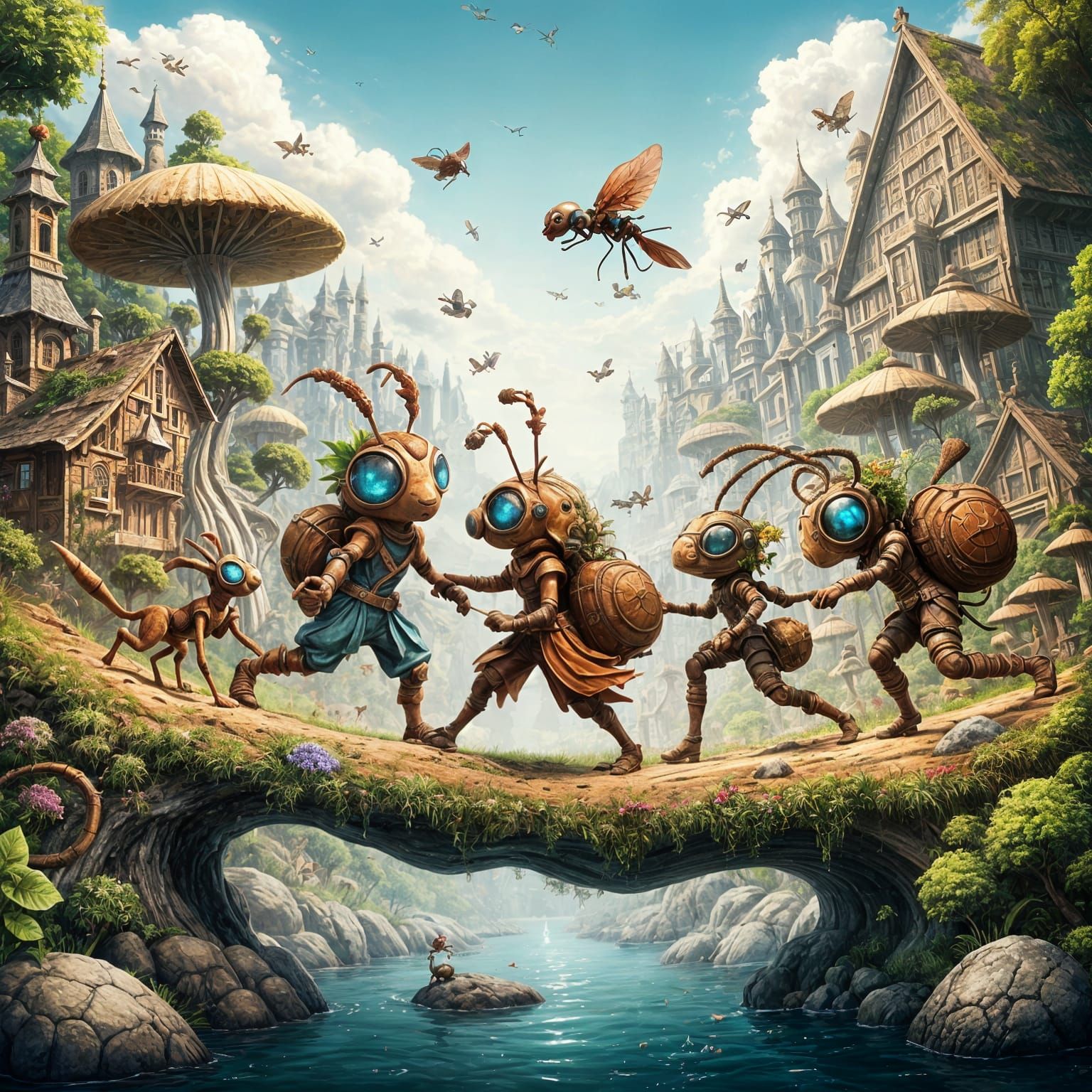 Whimsical Ants Cross Vibrant Grass Bridge