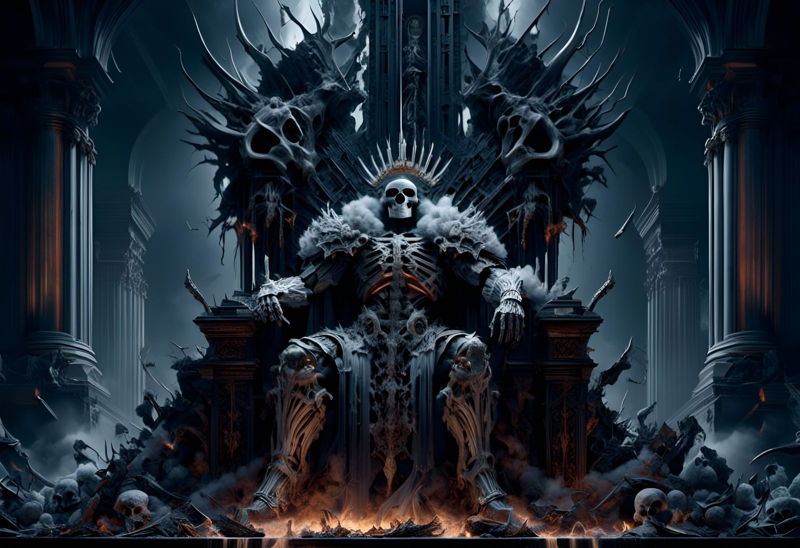 Withered King on Bone Throne in Colossal Hall