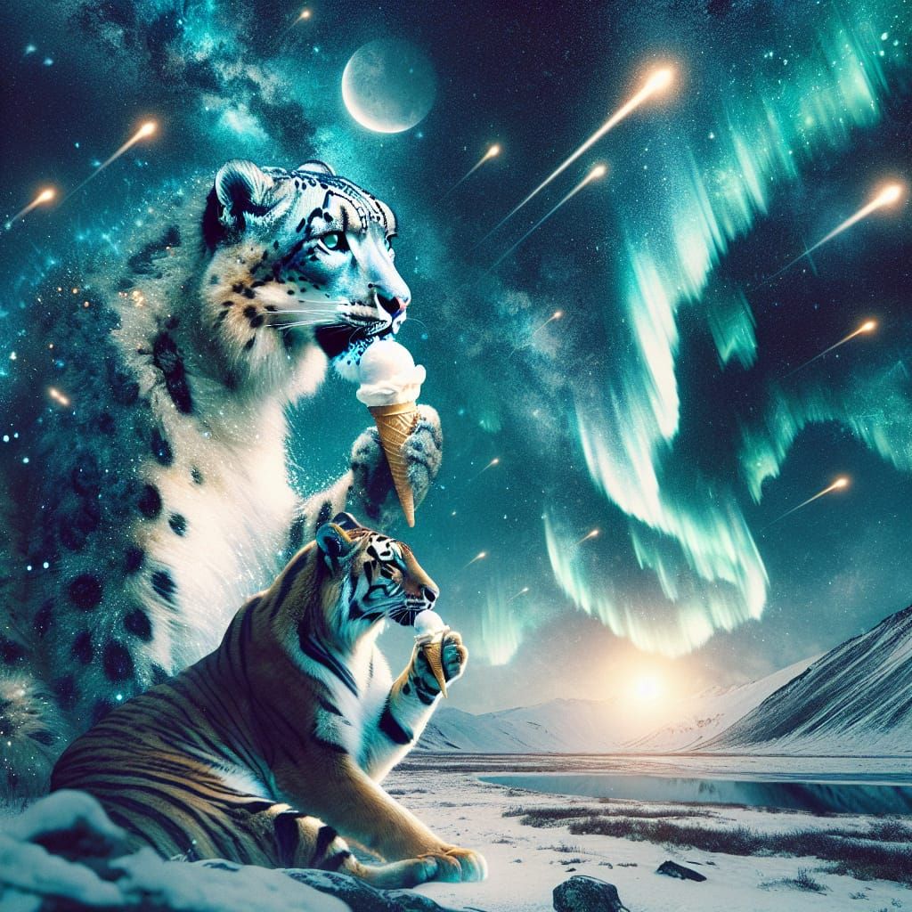 Snow Leopard and Tiger Share Ice Cream Under Aurora