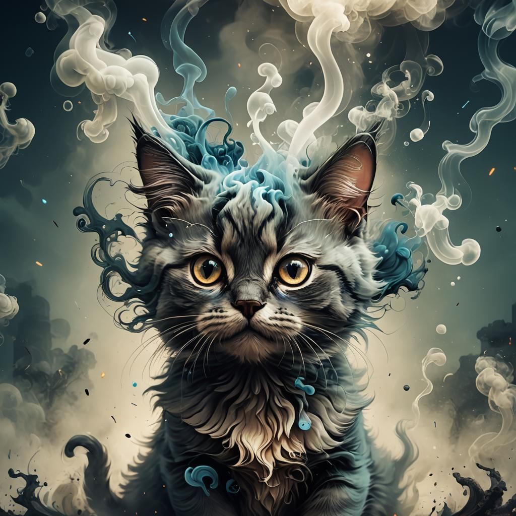 Adorable Cat with Smoke, Digital Illustration
