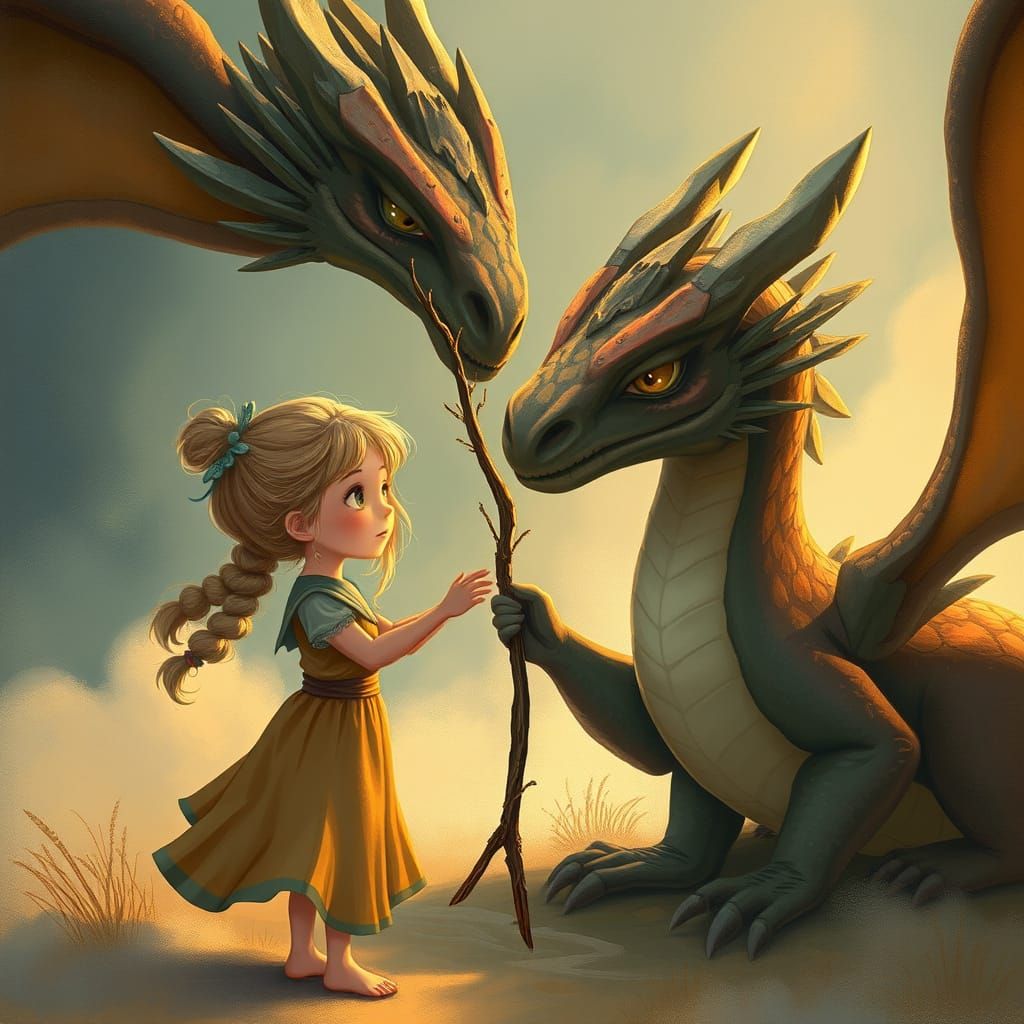 Girl and Dragon Friendship: Whimsical Digital Art