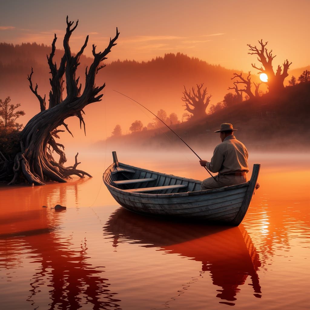 Lone Fisherman at Dawn in Golden Light
