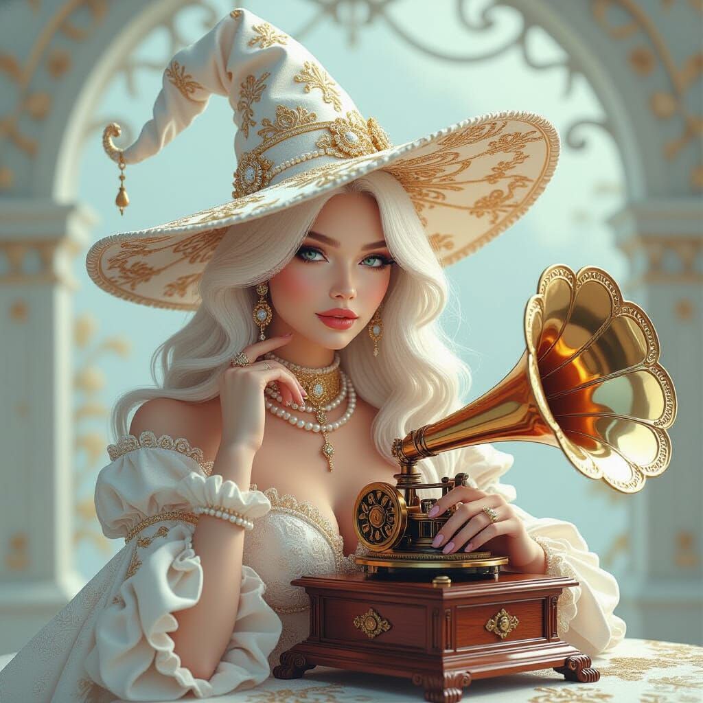 Albino Lady with Gramophone in Art Nouveau Style
