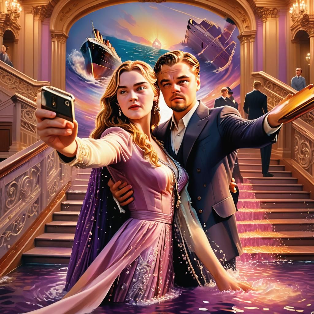 Titanic Selfie: Hyperrealistic Splash Art in 8k