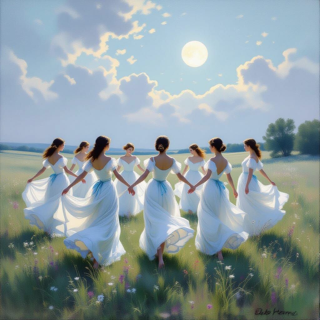 Maidens Dancing in Moonlit Meadow