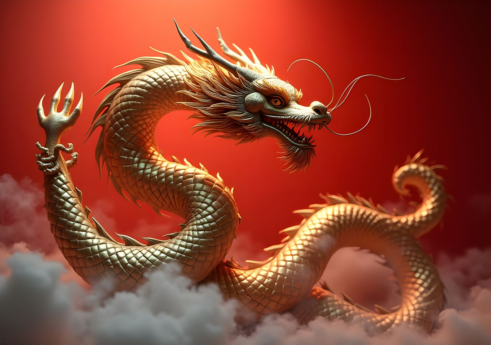 Chinese Dragon on Red Background, Detailed Matte Painting