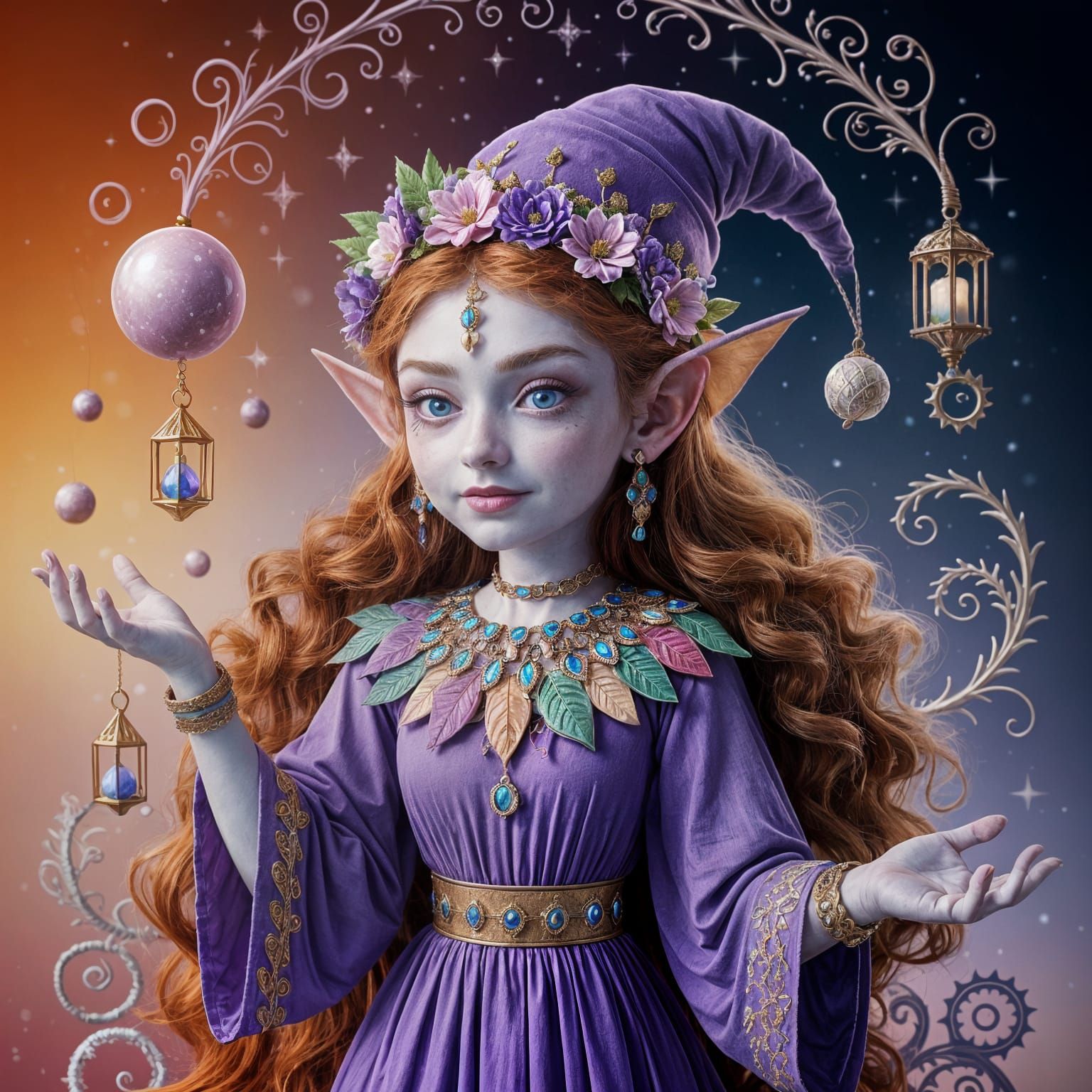 Vibrant Elf Girl in Whimsical Gouache Art