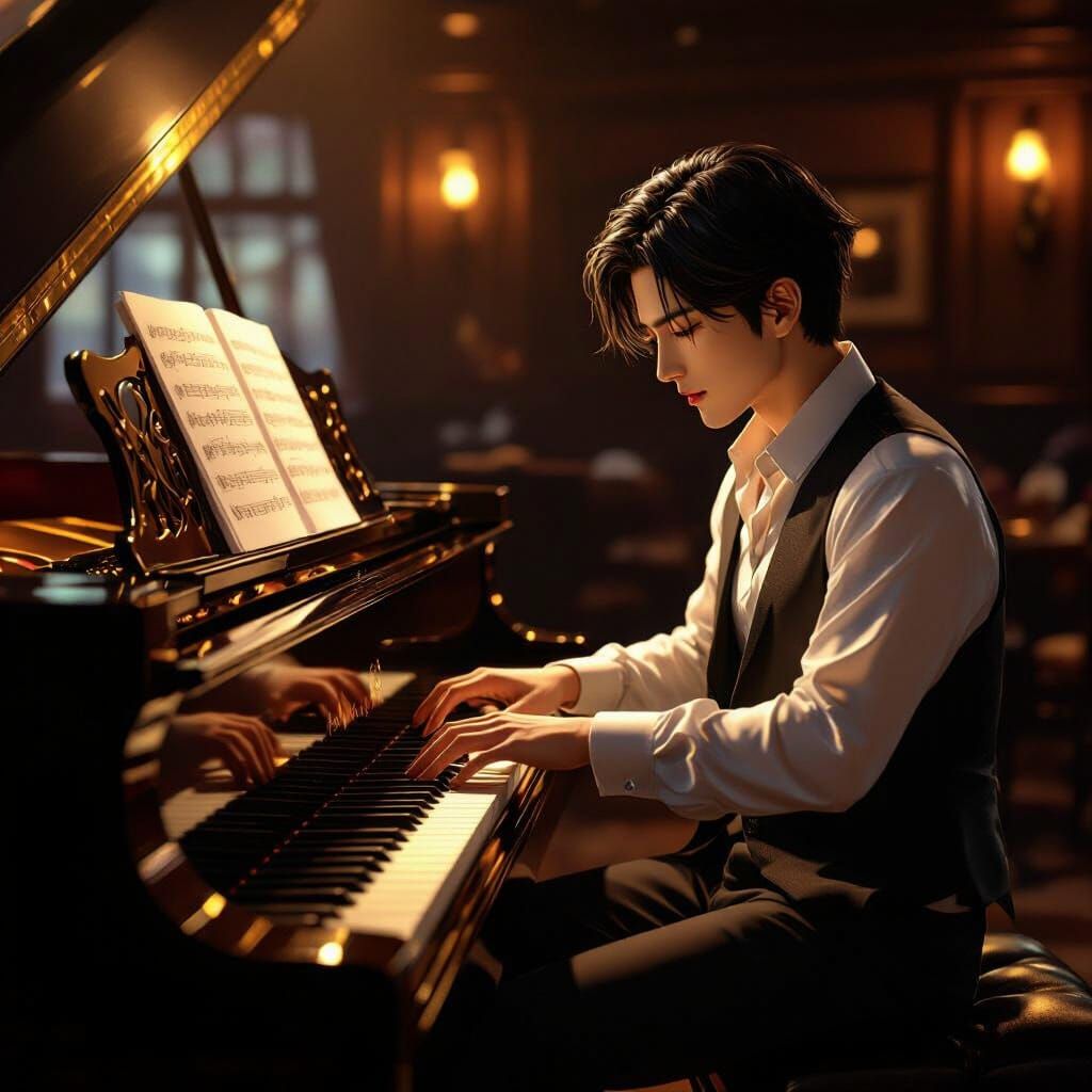 Chen Jun Plays Jazz Piano: Hyperrealistic 3D Anime Art