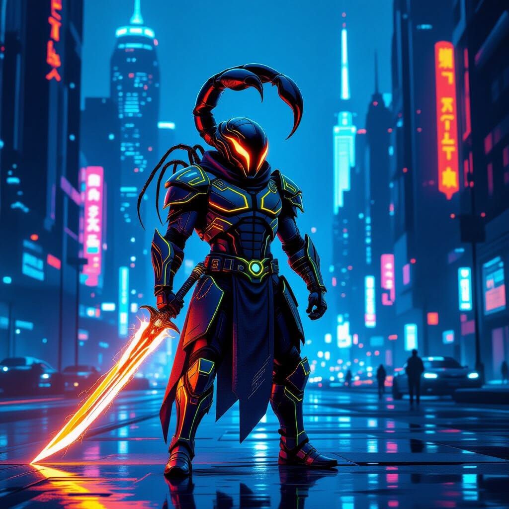 Scorpion Warrior in Neon Cyberpunk Cityscape