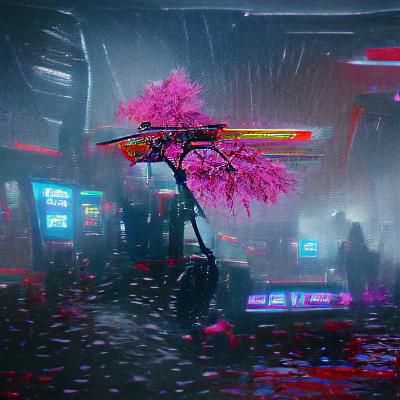 Neon Cherry Tree in Cyberpunk Style