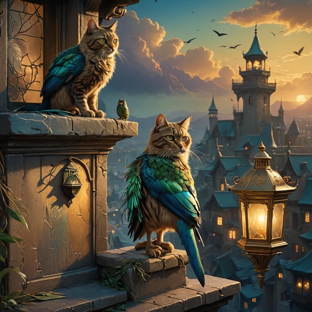 Feline-Avian Hybrid on Ledge in Fantasy Concept Art