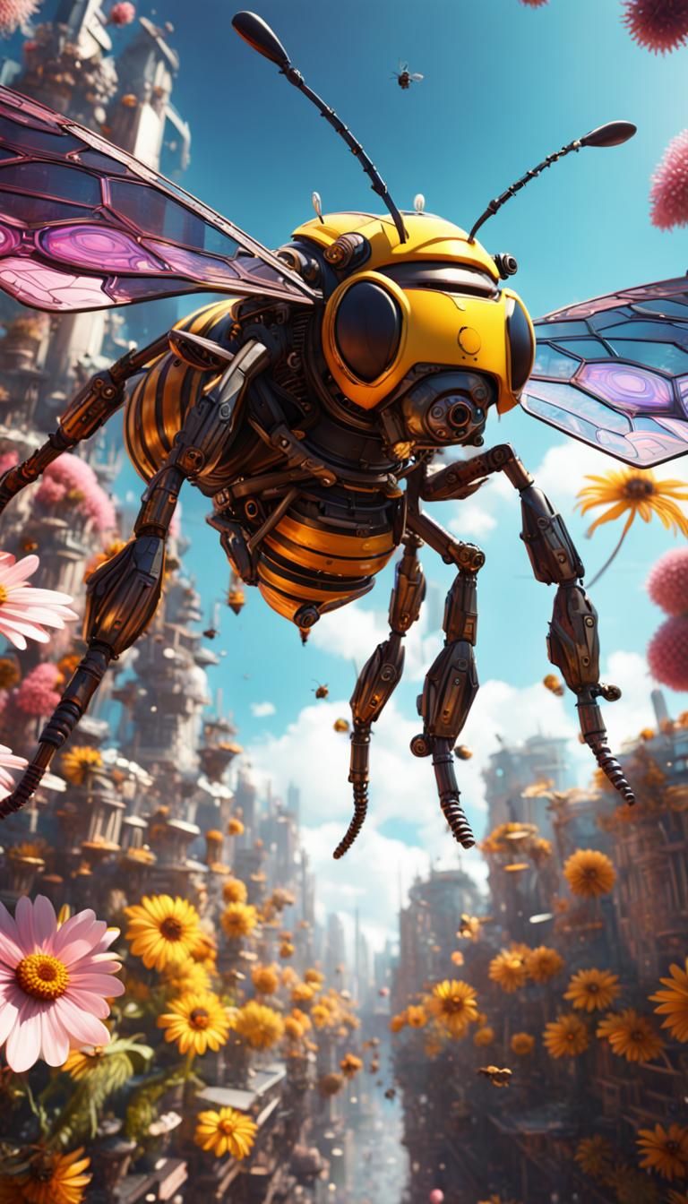 Mechanical Bee in Solar Punk Flower City