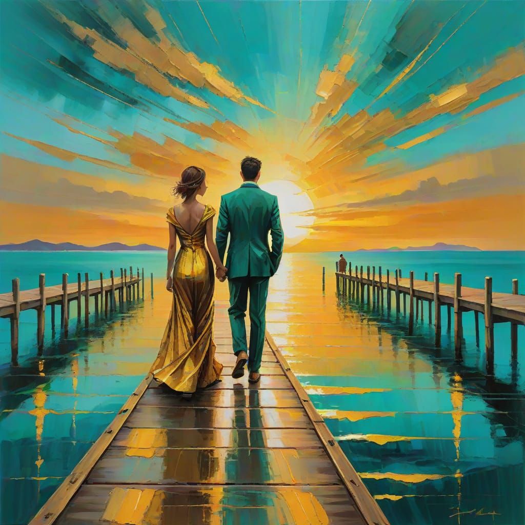 Sunset Serenade: Couple on Pier in Oil Paint Style