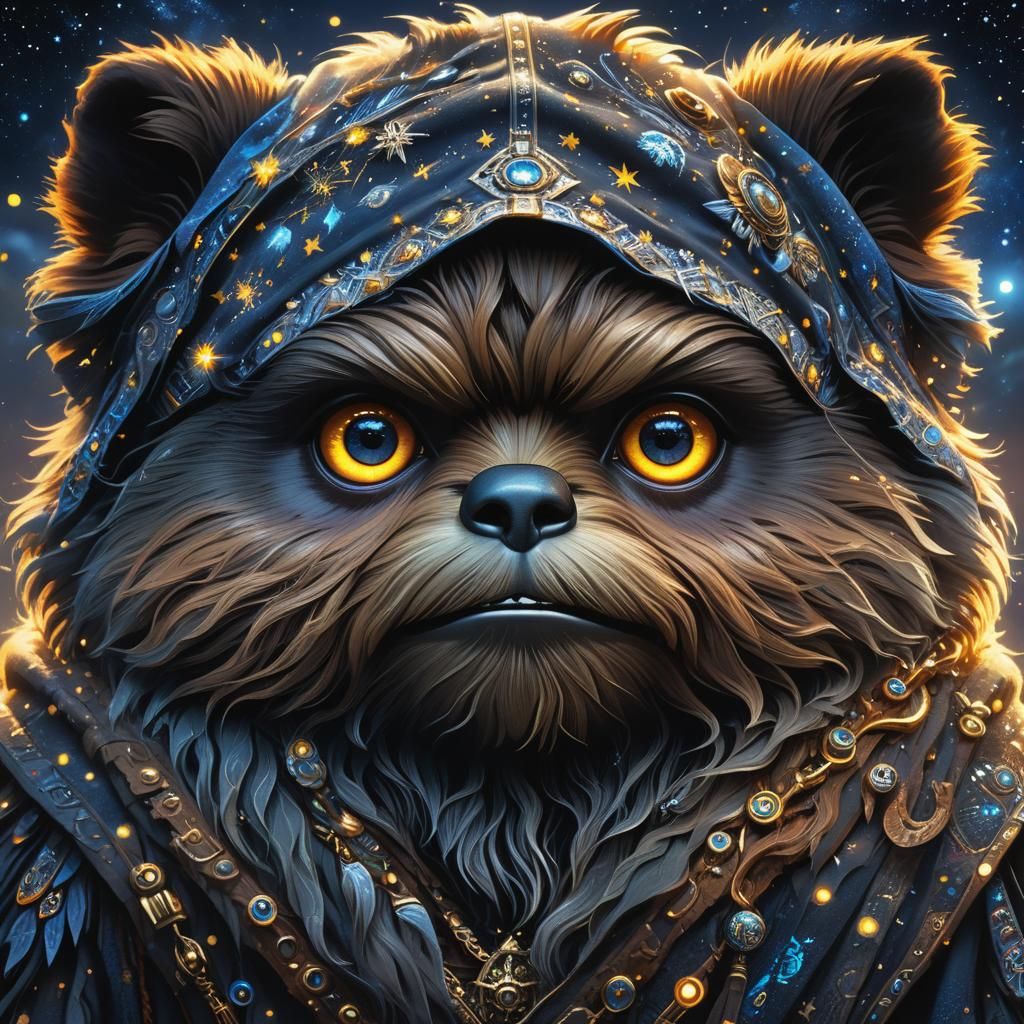 Ewok in Starry Night Fantasy Illustration