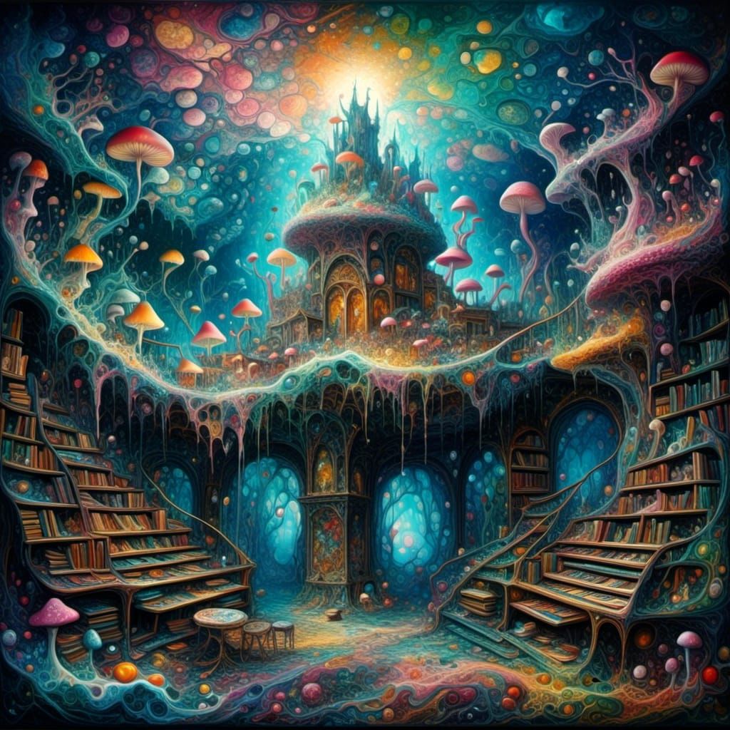 Surreal Library Merges with Bioluminescent Fantasy World