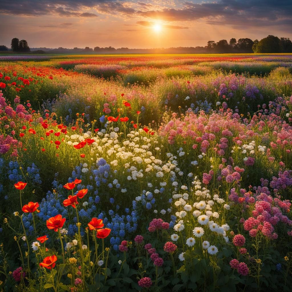Impressionistic Flower Field in Golden Light