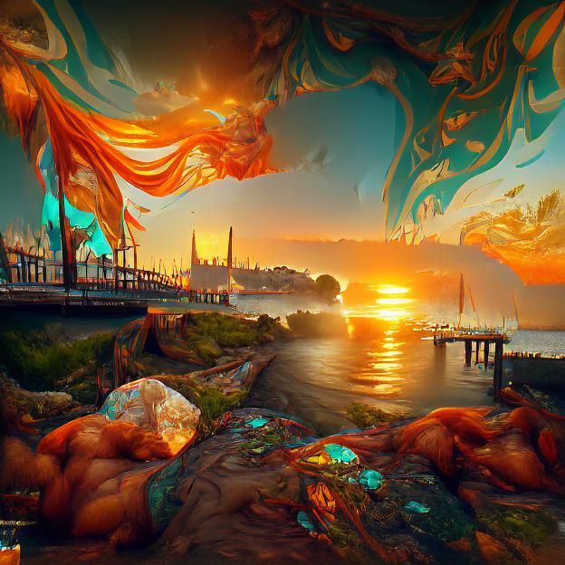 Sunset Over Bay in Dynamic Splash Art Style