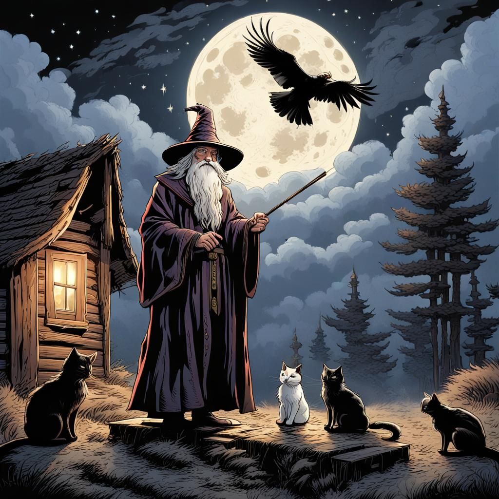 Wizard Conjuring Magic with Cats, Comic Style