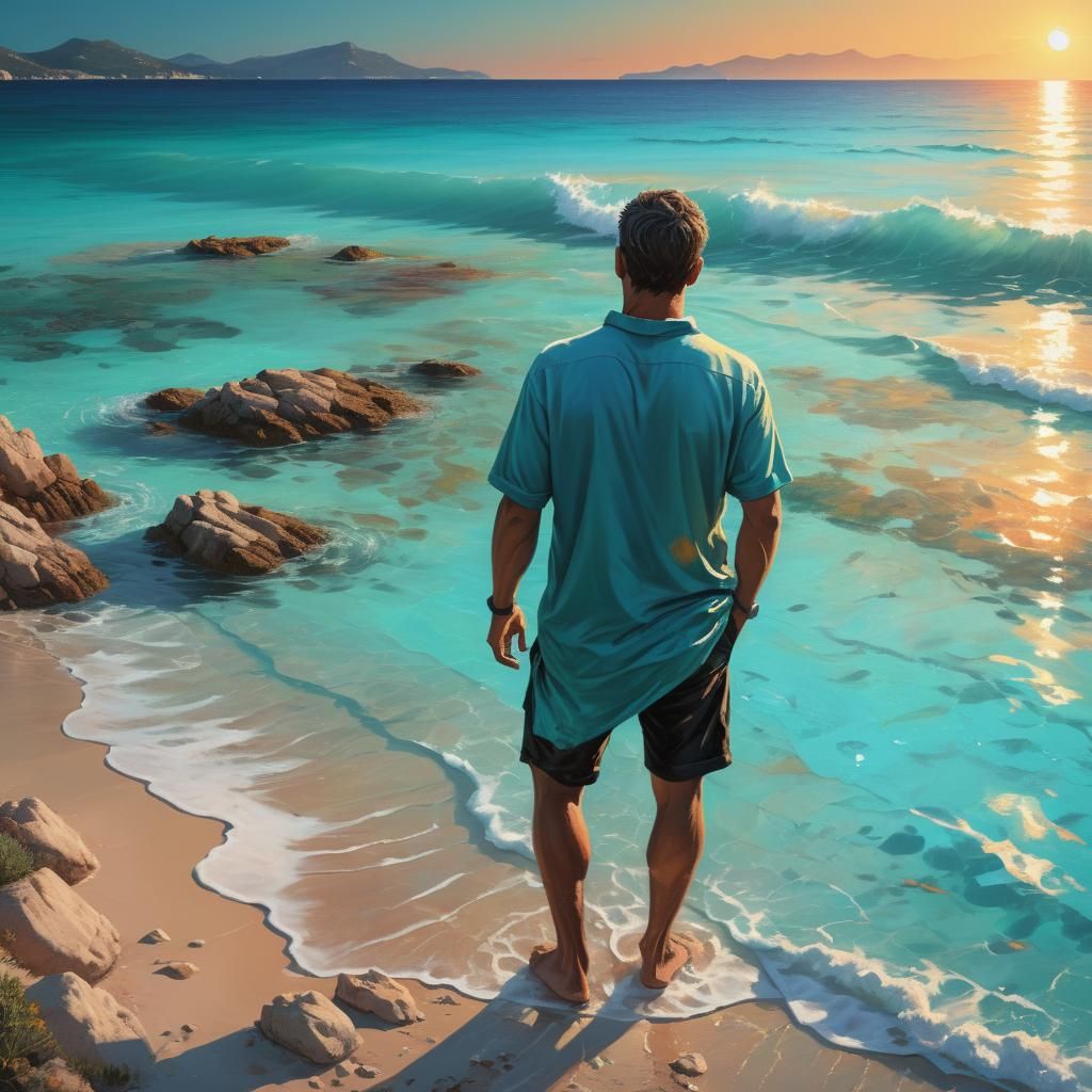 Man Watches Sunset on Turquoise Sardinian Sea