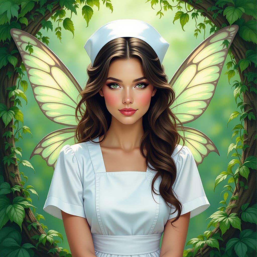 Fairy Nurse in Lush Greenery: Fantasy Oil Painting