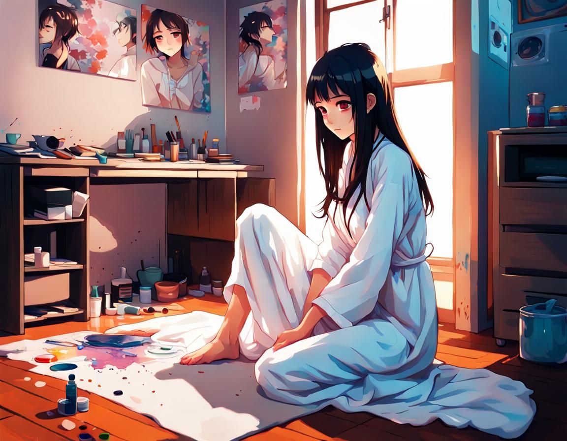 Anime Girl Painting Mural in Apartment