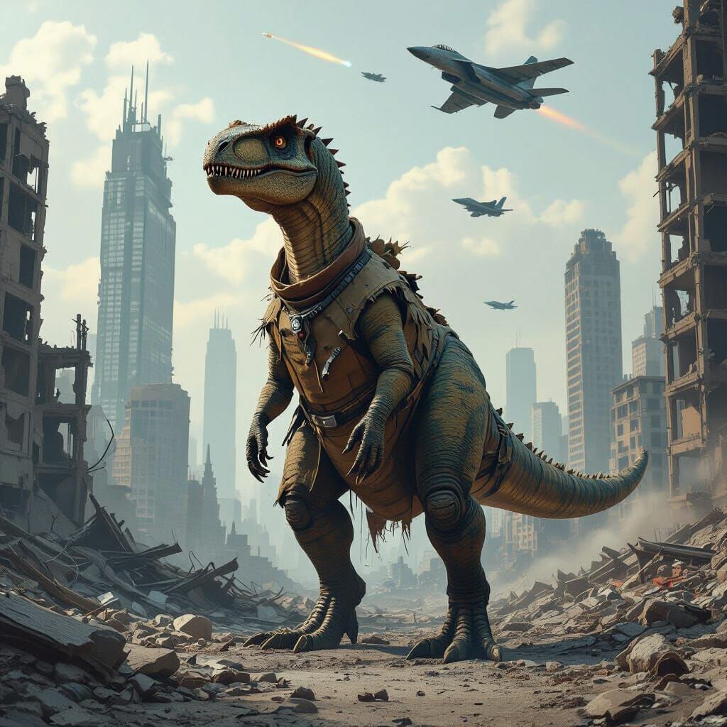 Dinosaur in Apocalyptic City with Fighter Jets
